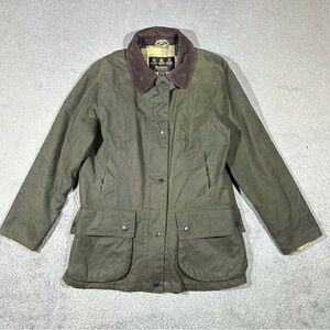 Barbour Jacket Womens 10 Olive Green Beadnell Waxed Classic Tartan Lined England